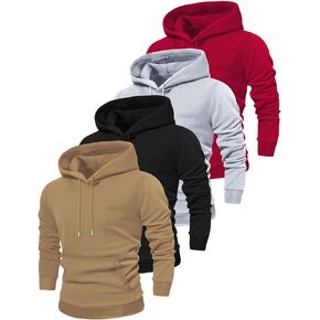 4 Packs Men's Clothing Solid Hooded Sweatshirt, Stylish Hoodies Fashion Casual Tops For Spring Autumn (US, Alpha, XX-Large, Regular, Regular, Khaki+Black+Gray+Red)
