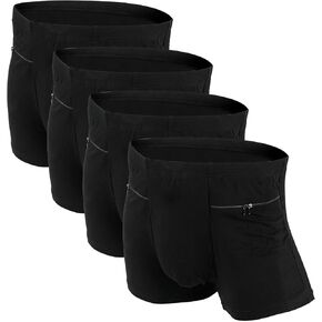 LUEXBOX Pocket Underwear for Men with Secret Hidden Pocket, Travel Boxer Briefs, 4 Packs (Black)