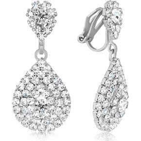 Simulated Diamond Teardrop Clip On Earrings for Women - Long Cubic Zirconia Statement Earrings for Non Pierced Ears - Formal No Piercing Earrings, Sparkly Rhinestone Drop Earrings
