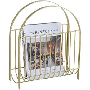 MyGift Deluxe Mid Century Brass Tone Metal Wire Magazine Holder Rack, Table or Floor Display Newspaper Stand Storage Sling for Magazines and Vinyl Record Albums