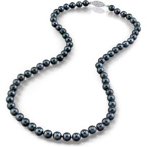The Pearl Source 14K Gold 5.5-6.0mm Round Genuine Black Japanese Akoya Saltwater Cultured Pearl Necklace in 17" Princess Length for Women