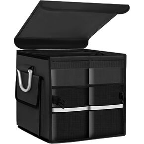 Trunk Organizer With Lid, Collapsible Waterproof Oxford Car Organizer with Aluminum Handle Base Plate, 2-Compartment 28L Sturdy Trunk Cargo Storage Organizer for RV SUV Truck (Black)