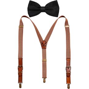 Elastic Genuine Leather Suspenders for Men - Y Back Adjustable Brown Mens Suspenders for Wedding & Groomsmen