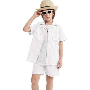 LOLANTA Boys 2 Pieces Linen Set kids Short Sleeve Button Down Shirt and Shorts Summer Vacation Outfits