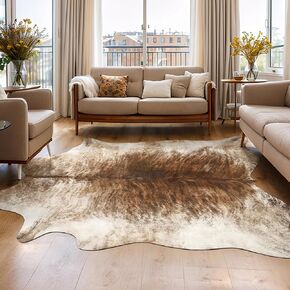 AROGAN Western Decor Faux Fur Cowhide Rug, 4.6 x 5.2 Feet Premium Animal Skin Cow Hide Rug, Sturdy Cow Print Rugs for Wall Decor, Western Floor Carpet for Bedroom Living Room, Brownish