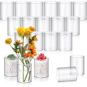 Vesici 20 Pcs Plastic Cylinder Vase 4 Inch Acrylic Cylinder Vase Bulk Small Clear Flower Container Hurricane Candle Holder Round Wide Container Centerpiece for Home Office Wedding Decorations