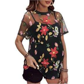 MakeMeChic Women's Maternity Tee Shirt Floral Embroidery Short Sleeve Mesh Pregnancy Tops