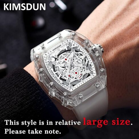 ساعات رياضية KIMSDUN-Stylish Skeleton رياضية، مقاومة للماء، ساعة يد تناظرية كوارتز بتقويم التاريخ، حافظة شفافة من Tonneau ساعة كاجوال، حزام سيليكون للرجال للجنسين in Kuwait