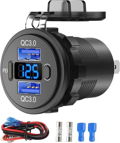 12V USB C Outlet Marine USB Charging Port for Car, Dual Quick Charge 3.0 & PD 3.0 Car Charger Socket with Button Switch and Voltmeter, Cigarette Lighter Replacement DIY Kit for 12V/24V Vehicles in Saudi Arabia