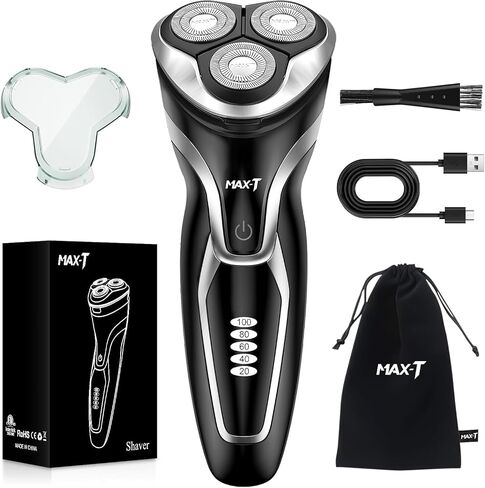 ماكينة حلاقة كهربائية للرجال MAX-T، ماكينة حلاقة كهربائية دوارة قابلة لإعادة الشحن الرطب والجاف للرجال (أسود) in Kuwait