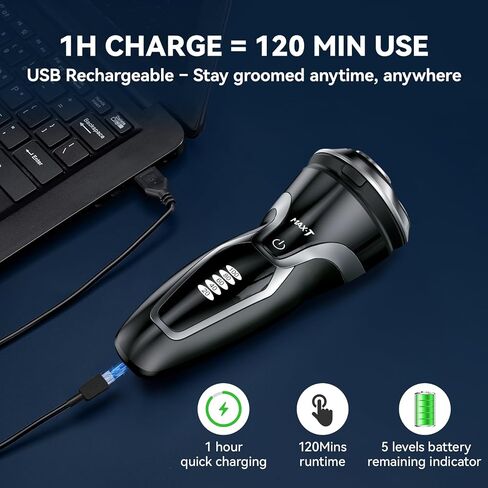 ماكينة حلاقة كهربائية للرجال MAX-T، ماكينة حلاقة كهربائية دوارة قابلة لإعادة الشحن الرطب والجاف للرجال (أسود) in Kuwait