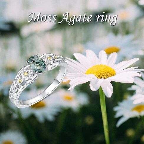 Yafeini Natural Moss Agate Ring 925 Sterling Silver Daisy Ring خاتم عباد الشمس الطحلب هدايا المجوهرات Ring For Mom Girls (7-10) in Saudi Arabia