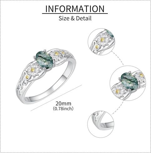 Yafeini Natural Moss Agate Ring 925 Sterling Silver Daisy Ring خاتم عباد الشمس الطحلب هدايا المجوهرات Ring For Mom Girls (7-10) in Saudi Arabia