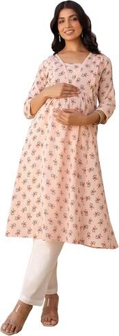 Janasya Indian Women's Maternity Kurta Kurti for Women Pure Cotton A-Line Peach Floral Casual Calf Length Maternity Clothess in Saudi Arabia