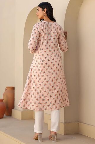Janasya Indian Women's Maternity Kurta Kurti for Women Pure Cotton A-Line Peach Floral Casual Calf Length Maternity Clothess in Saudi Arabia