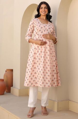 Janasya Indian Women's Maternity Kurta Kurti for Women Pure Cotton A-Line Peach Floral Casual Calf Length Maternity Clothess in Saudi Arabia