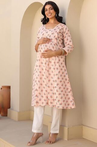 Janasya Indian Women's Maternity Kurta Kurti for Women Pure Cotton A-Line Peach Floral Casual Calf Length Maternity Clothess in Saudi Arabia