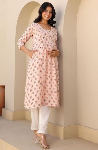 Janasya Indian Women's Maternity Kurta Kurti for Women Pure Cotton A-Line Peach Floral Casual Calf Length Maternity Clothess in Saudi Arabia