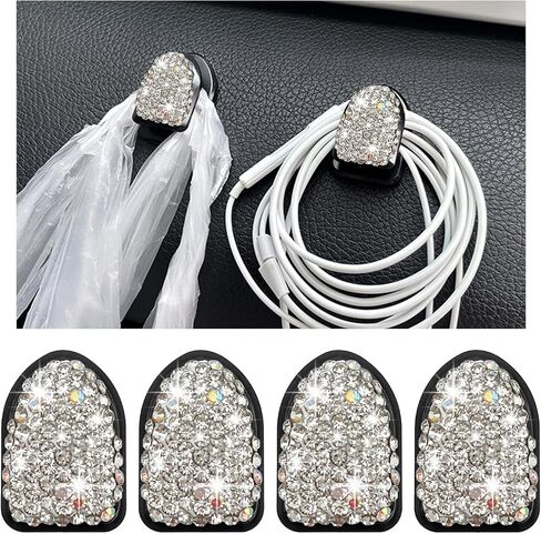 4PCS Bling Car Mini Hooks, Multifunctional Adhesive Small Auto Storage Hook for Key Cable Mask, Crystal Rhinestone Dashboard Hanging Hook, Interior Decor Car Accessories (White) in Saudi Arabia