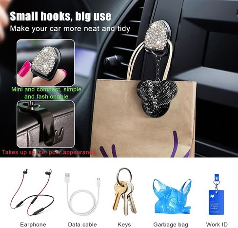 4PCS Bling Car Mini Hooks, Multifunctional Adhesive Small Auto Storage Hook for Key Cable Mask, Crystal Rhinestone Dashboard Hanging Hook, Interior Decor Car Accessories (White) in Saudi Arabia