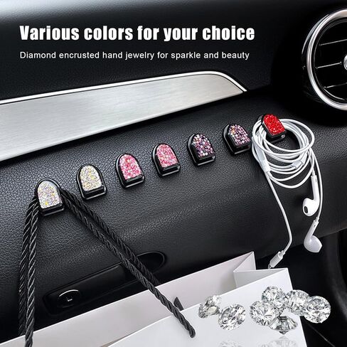 4PCS Bling Car Mini Hooks, Multifunctional Adhesive Small Auto Storage Hook for Key Cable Mask, Crystal Rhinestone Dashboard Hanging Hook, Interior Decor Car Accessories (White) in Saudi Arabia