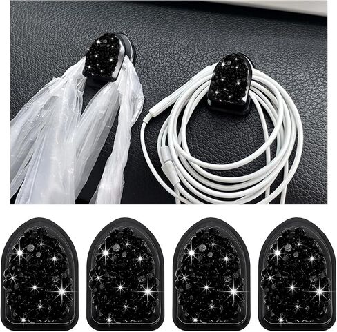 4PCS Bling Car Mini Hooks, Multifunctional Adhesive Small Auto Storage Hook for Key Cable Mask, Crystal Rhinestone Dashboard Hanging Hook, Interior Decor Car Accessories (White) in Saudi Arabia