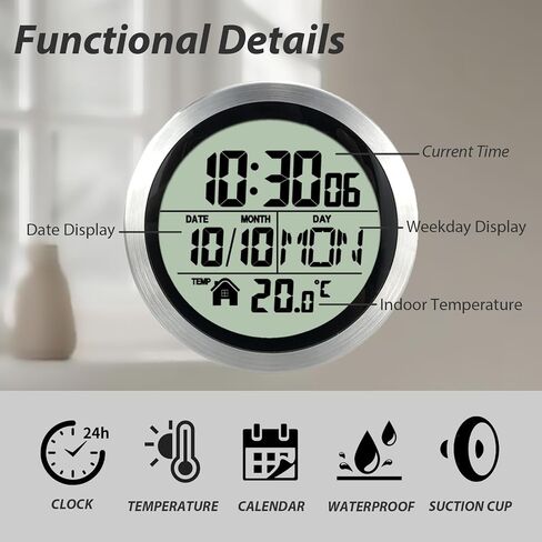 Digital Waterproof Shower Clock, Bathroom Wall Clock with Temperature, Suction Cup Hanging Hole Stand for Living Room and Kitchen, Large LCD Display, Modern Silent Small Clocks with Plastic Frame in Saudi Arabia