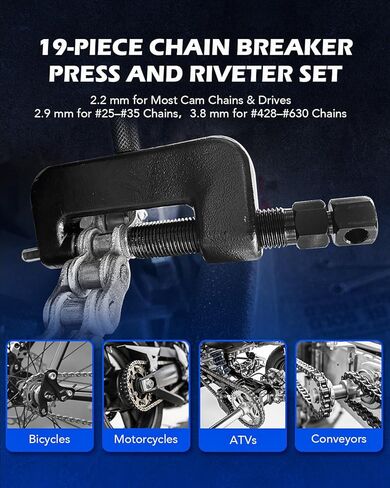 OMT Chain Breaker, 19pc Motorcycle Chain Tool with C Frame 3 Anvils 5 Break Tips, Dirt Bike ATV Motorcycle Chain Breaker Tool Kit Chain Rivet Chain Link Removal Tool for Cam & 25 to 630 Chains, Black in Kuwait