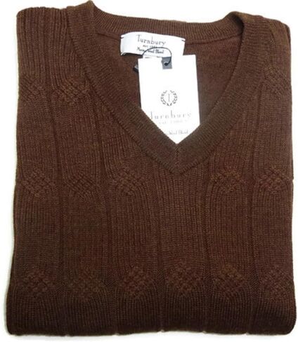 Turnbury Mens V-Neck Merino Blend Cable Pullover Sweater Brick in Saudi Arabia
