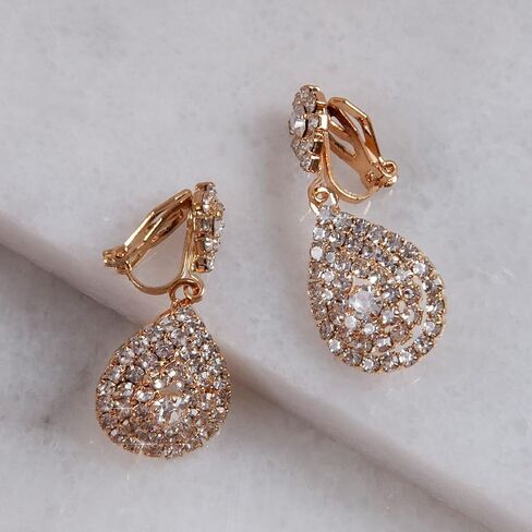 Simulated Diamond Teardrop Clip On Earrings for Women - Long Cubic Zirconia Statement Earrings for Non Pierced Ears - Formal No Piercing Earrings, Sparkly Rhinestone Drop Earrings in Saudi Arabia