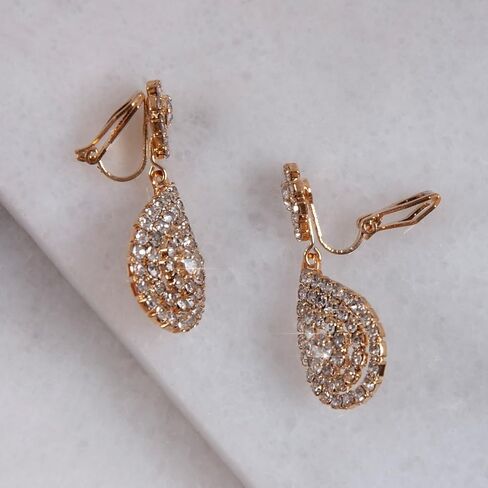Simulated Diamond Teardrop Clip On Earrings for Women - Long Cubic Zirconia Statement Earrings for Non Pierced Ears - Formal No Piercing Earrings, Sparkly Rhinestone Drop Earrings in Saudi Arabia