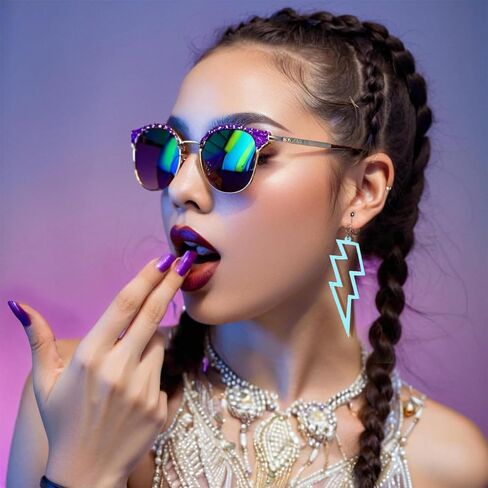 70s 80s Neon Clip On Earrings for Women, Non-Piercing, Colorful Lightning Acrylic Retro Geometric Thunder Flash Drop Earrings for 80s Outfit Glow Party Accessories in Kuwait