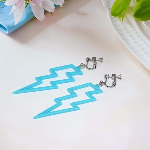 70s 80s Neon Clip On Earrings for Women, Non-Piercing, Colorful Lightning Acrylic Retro Geometric Thunder Flash Drop Earrings for 80s Outfit Glow Party Accessories in Kuwait