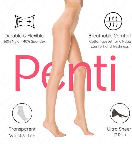 PENTI Stop 7 Run-Resistant Ultra Sheer Pantyhose | Matte 7 Denier Sheer-to-Waist Tights | Anti-Run Invisible Waist in Kuwait