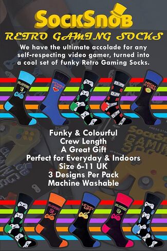 Mens Retro Gaming Funky Novelty Cotton Video Game Adult Crew Socks 7-12 | 3 Pack in Kuwait