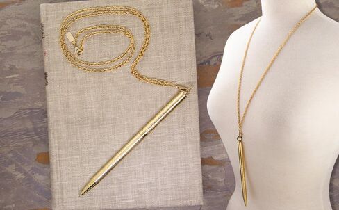 1928 Jewelry Mid Century Inspired Textured Barrel Ball Point Pen Necklace 28 Inch, 14K Gold Dipped in Kuwait