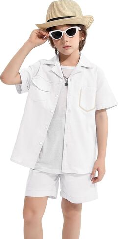 LOLANTA Boys 2 Pieces Linen Set kids Short Sleeve Button Down Shirt and Shorts Summer Vacation Outfits in Saudi Arabia