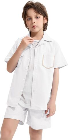 LOLANTA Boys 2 Pieces Linen Set kids Short Sleeve Button Down Shirt and Shorts Summer Vacation Outfits in Saudi Arabia