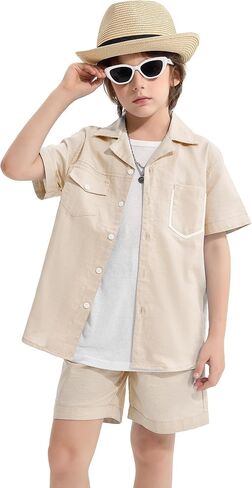 LOLANTA Boys 2 Pieces Linen Set kids Short Sleeve Button Down Shirt and Shorts Summer Vacation Outfits in Saudi Arabia