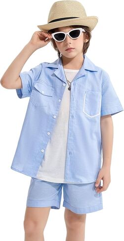 LOLANTA Boys 2 Pieces Linen Set kids Short Sleeve Button Down Shirt and Shorts Summer Vacation Outfits in Saudi Arabia
