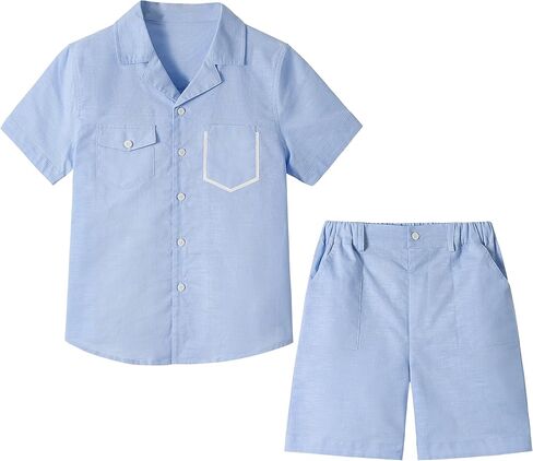 LOLANTA Boys 2 Pieces Linen Set kids Short Sleeve Button Down Shirt and Shorts Summer Vacation Outfits in Saudi Arabia