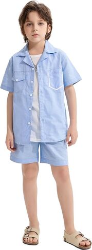 LOLANTA Boys 2 Pieces Linen Set kids Short Sleeve Button Down Shirt and Shorts Summer Vacation Outfits in Saudi Arabia