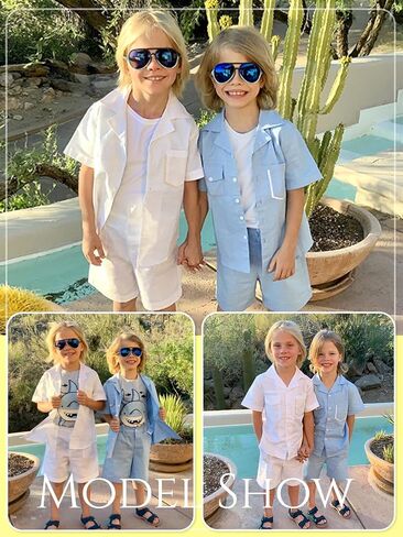 LOLANTA Boys 2 Pieces Linen Set kids Short Sleeve Button Down Shirt and Shorts Summer Vacation Outfits in Saudi Arabia