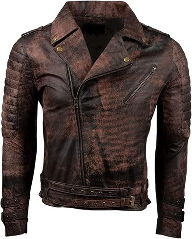 SAMS Mens Motorcycle Brown Vintage Distressed Cafe Racer Slim Fit Real Leather Jacket - Snap/Zip Front Leather Biker Jacket in Kuwait
