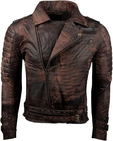 SAMS Mens Motorcycle Brown Vintage Distressed Cafe Racer Slim Fit Real Leather Jacket - Snap/Zip Front Leather Biker Jacket in Kuwait