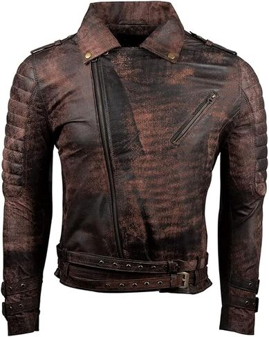 SAMS Mens Motorcycle Brown Vintage Distressed Cafe Racer Slim Fit Real Leather Jacket - Snap/Zip Front Leather Biker Jacket in Kuwait