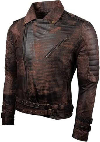 SAMS Mens Motorcycle Brown Vintage Distressed Cafe Racer Slim Fit Real Leather Jacket - Snap/Zip Front Leather Biker Jacket in Kuwait