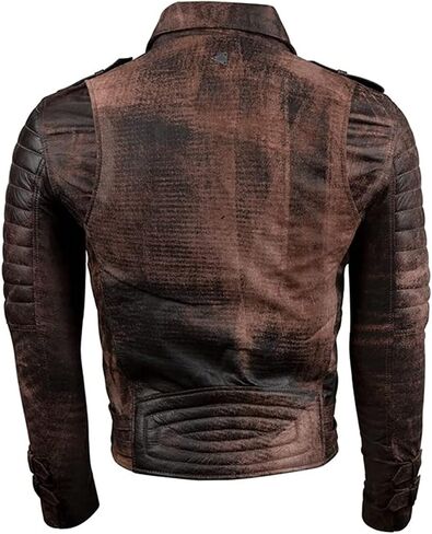 SAMS Mens Motorcycle Brown Vintage Distressed Cafe Racer Slim Fit Real Leather Jacket - Snap/Zip Front Leather Biker Jacket in Kuwait