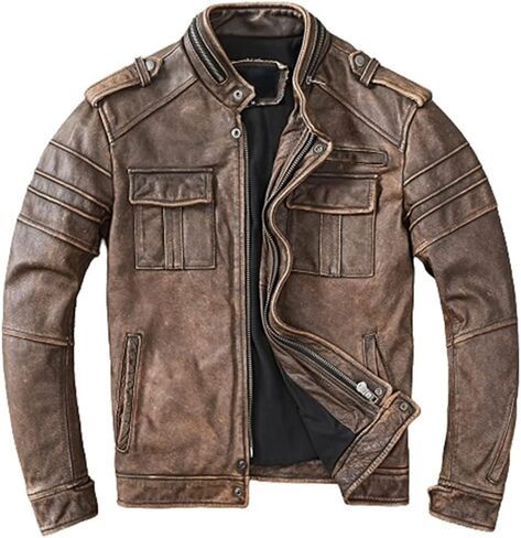SAMS Mens Motorcycle Brown Vintage Distressed Cafe Racer Slim Fit Real Leather Jacket - Snap/Zip Front Leather Biker Jacket in Saudi Arabia