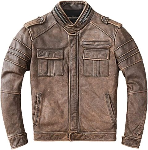 SAMS Mens Motorcycle Brown Vintage Distressed Cafe Racer Slim Fit Real Leather Jacket - Snap/Zip Front Leather Biker Jacket in Saudi Arabia